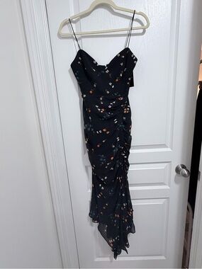 NICHOLAS Black Floral Ruched Asymmetric Slip Dress
